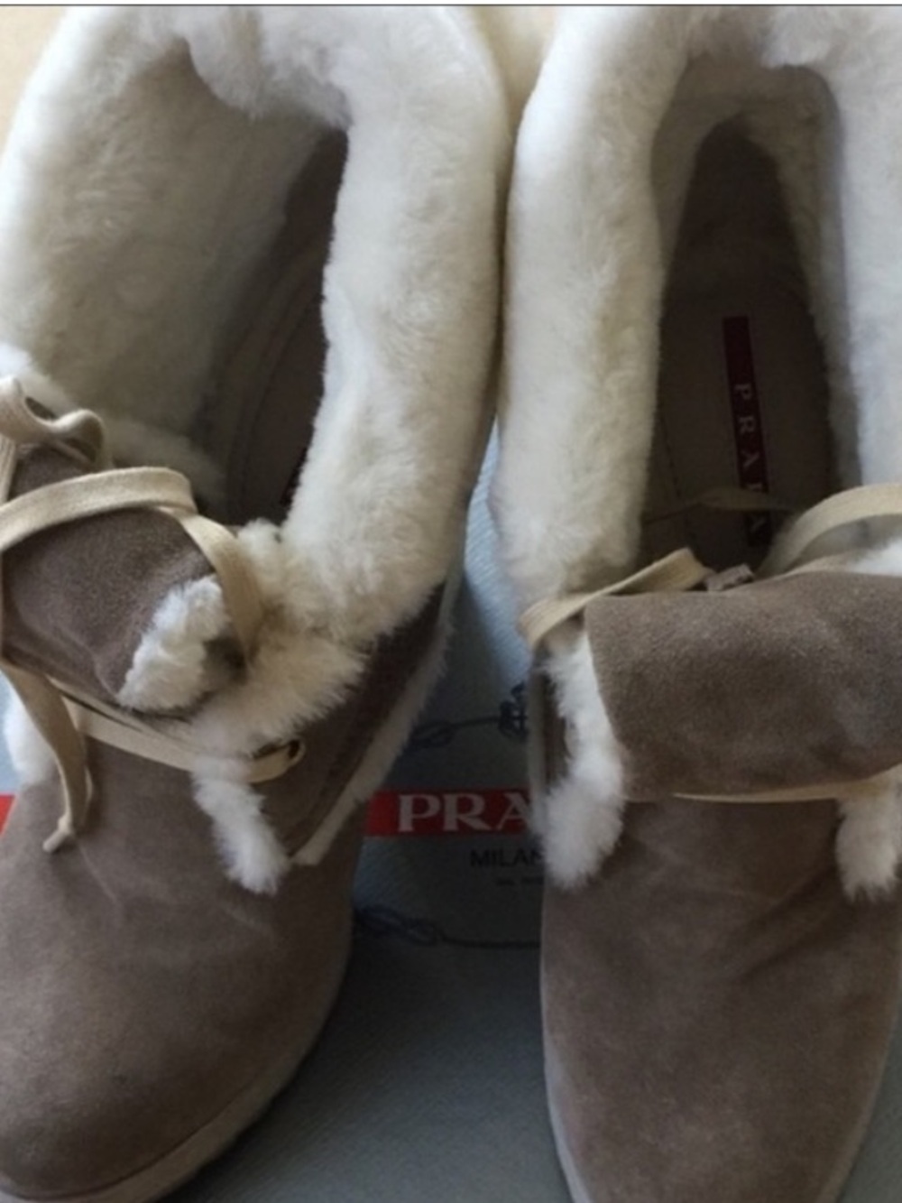 Prada Tan Suede Wedged Heeled Laced Booties Fur Lined - Picture 2 of 4